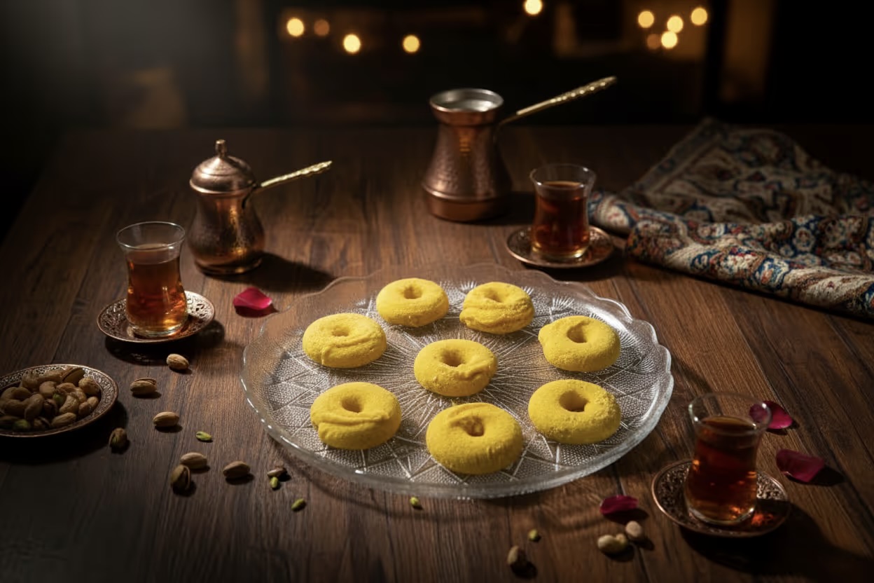 Glasplatte mit neun gelben Donut-förmigen Keksen, umgeben von türkischem Tee in Gläsern, Kupferkannen, Pistazien und Rosenblättern auf einem Holztisch.